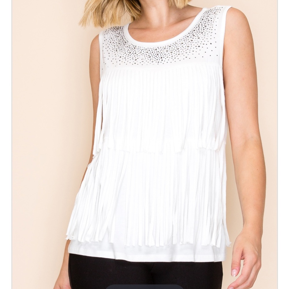 Layered Fringe Rhinestone Tank - White